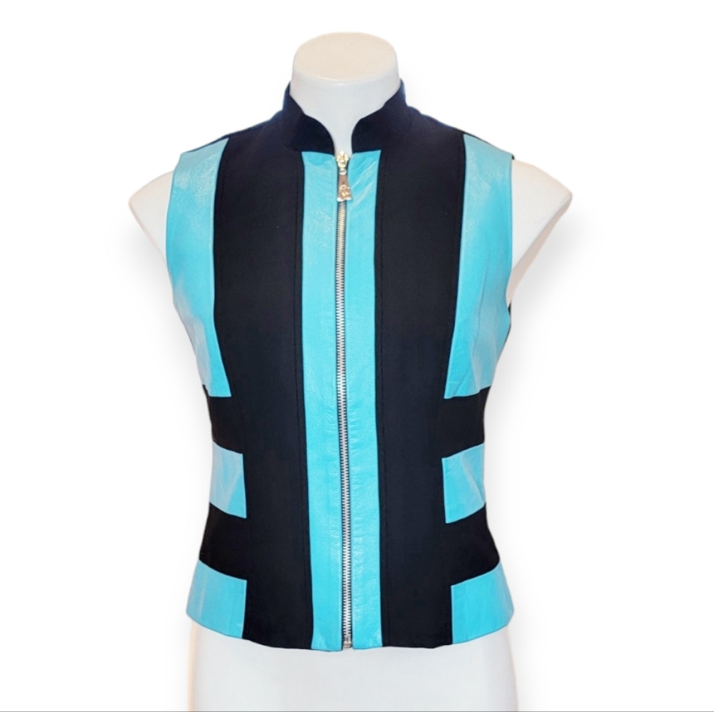 VTG Alberto Makali Turquoise Leather Zip Front Vest